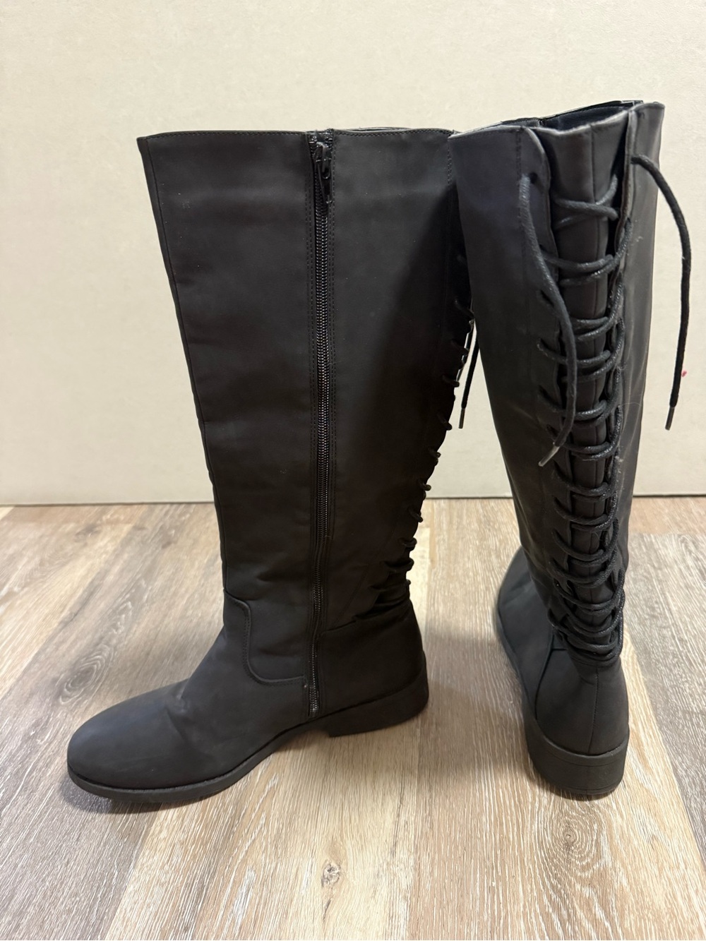 Black Faux Lace-Up Knee-High Boots